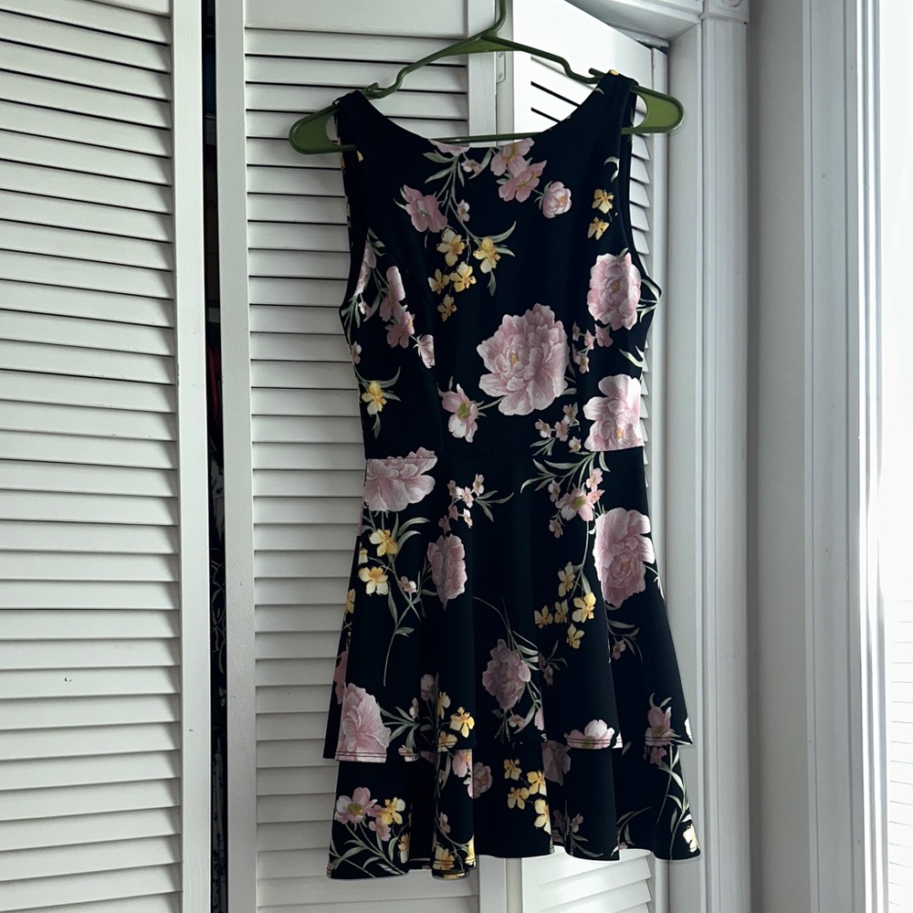 Sleeveless Black Mini Dress with Pink & Yellow Floral Print